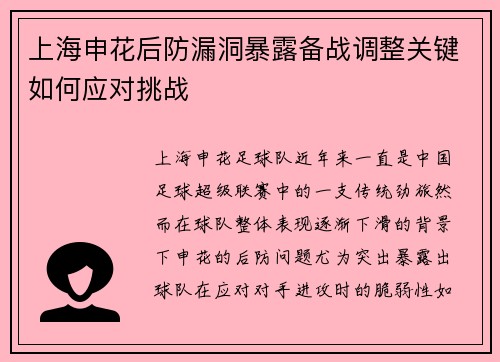 上海申花后防漏洞暴露备战调整关键如何应对挑战