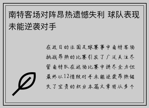 南特客场对阵昂热遗憾失利 球队表现未能逆袭对手