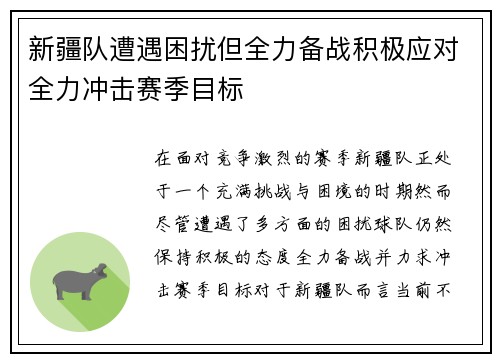 新疆队遭遇困扰但全力备战积极应对全力冲击赛季目标